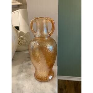 Carnival Glass‎ Vase Marigold Peach Textured Handled 9" Vintage MCM
